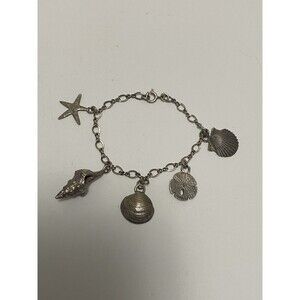 Vintage Sterling Silver 925 Charm Bracelet 7'' Silver Turtle Nautical Charms
